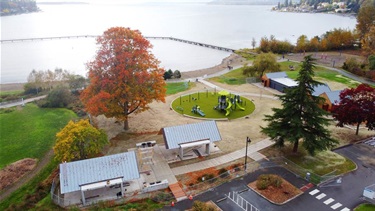 Top view of Juanita Beach Park reveals its new bathhouse, playground and pavilions