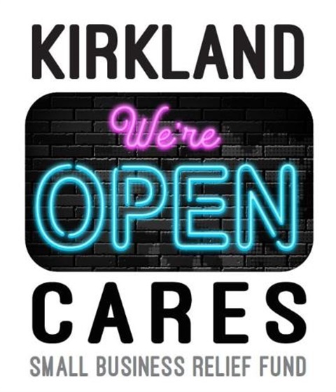Bright image of Kirkland CARES with a neon we're open sign