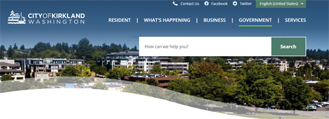 A screenshot of the new City website with aerial shot of Kirkland with trees and houses