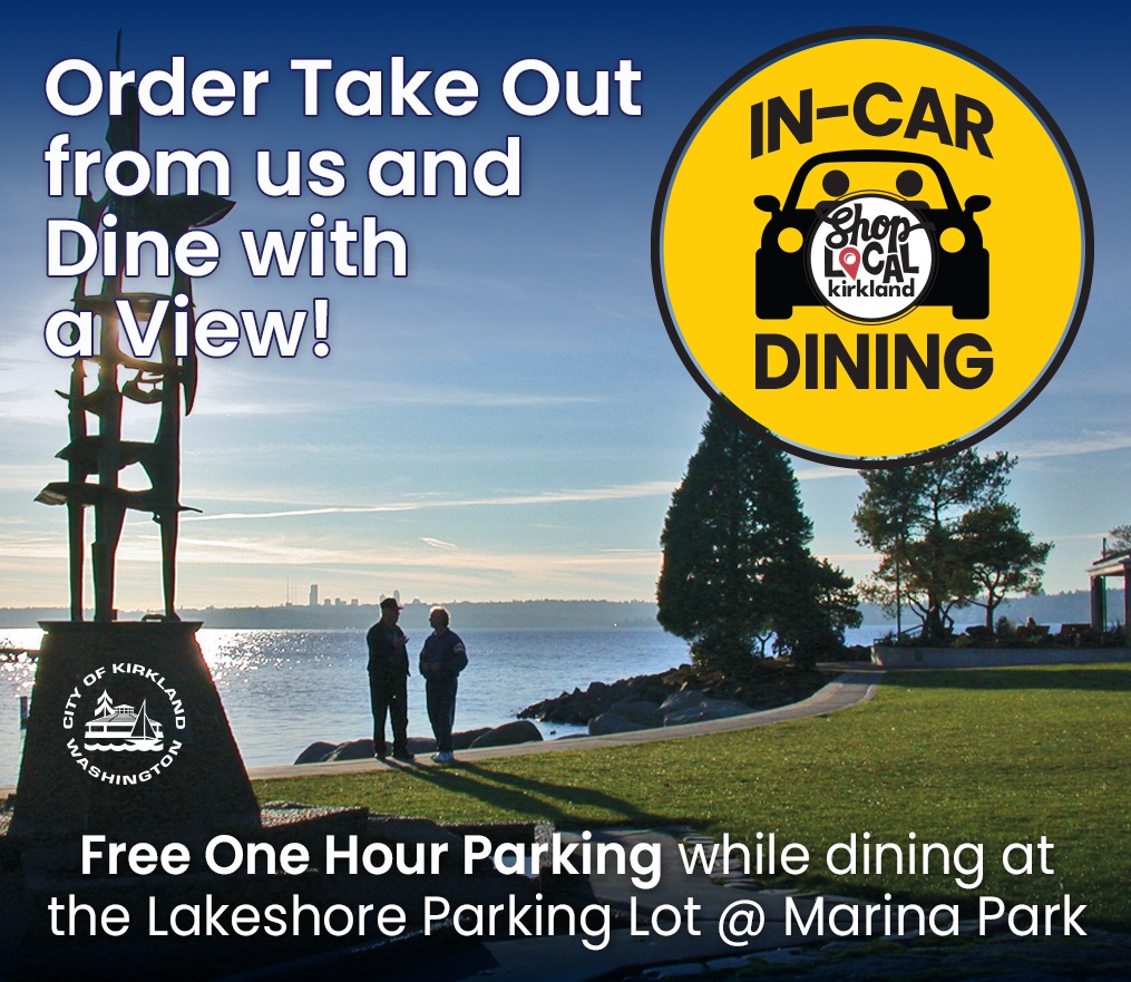 In Car Dining promotional material with image of Marina Park and Lake Washington