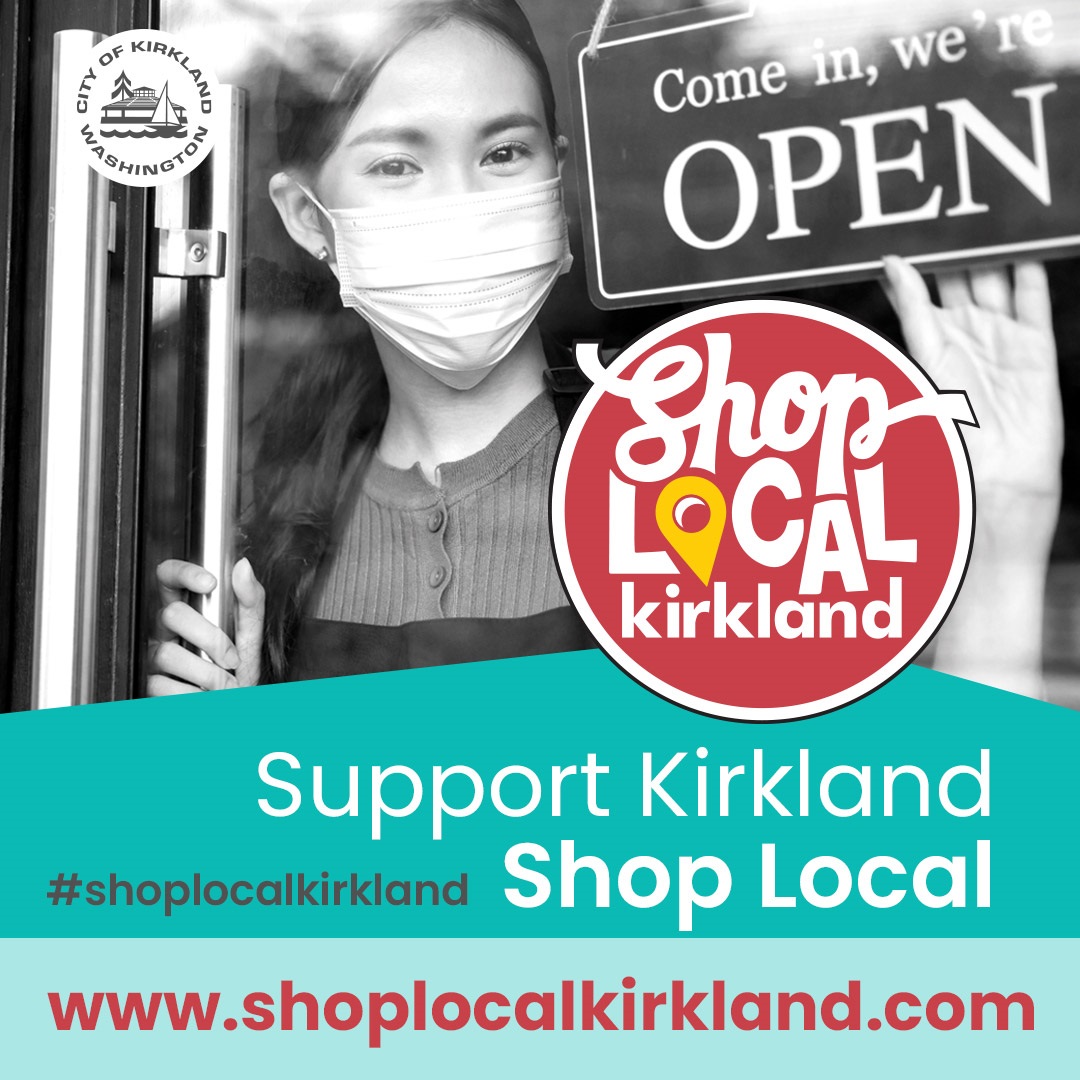 Shop Local Kirkland FB masked girl standing by open sign, City logo and turquoise background