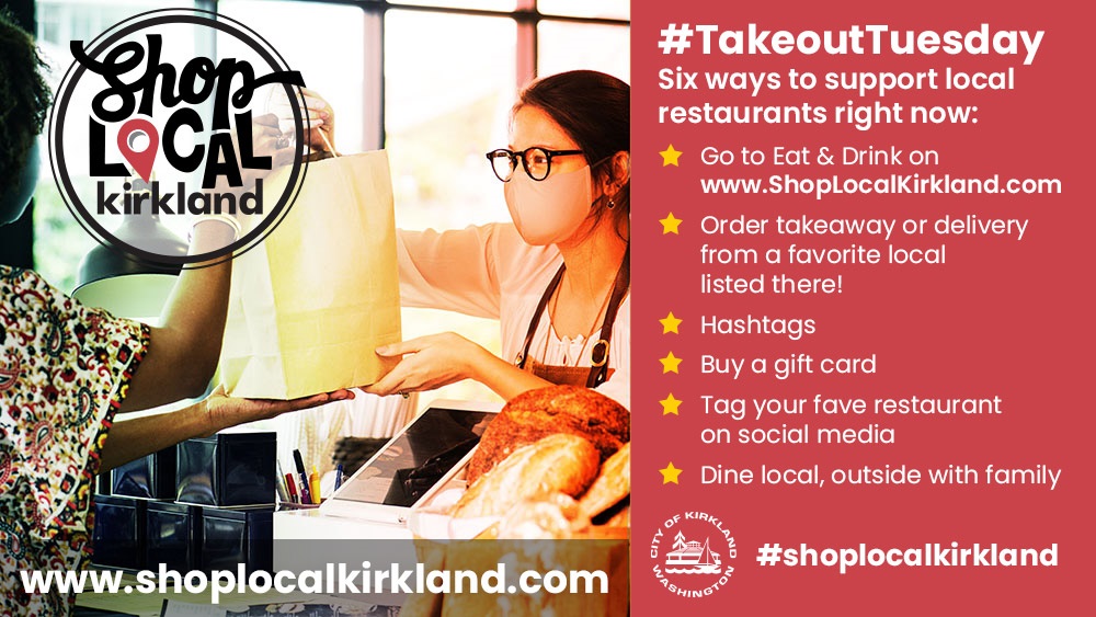Shop Local Kirkland banner ad for Takeout Tuesday with masked waitress handing takeout to customer