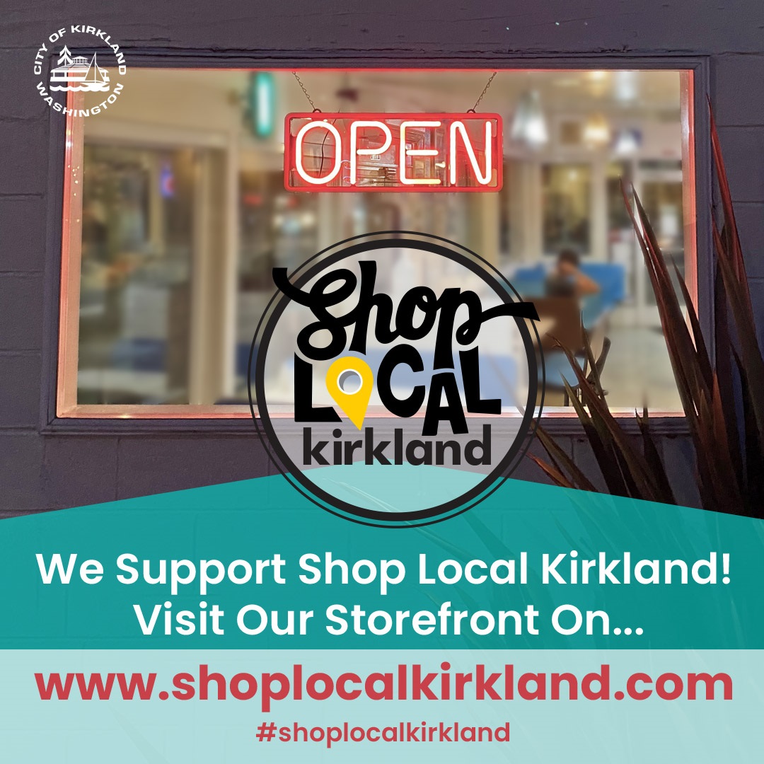 Shop Local Kirkland square ad for Facebook with logo, open sign and City logo