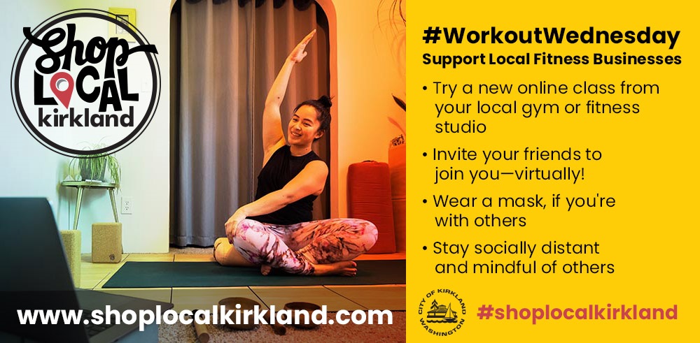 Shop Local Kirkland banner ad with bright yellow section for workout Wednesday with a girl doing yoga