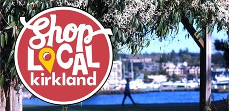 outdoor waterfront landscape with Shop Local Kirkland logo overlayed