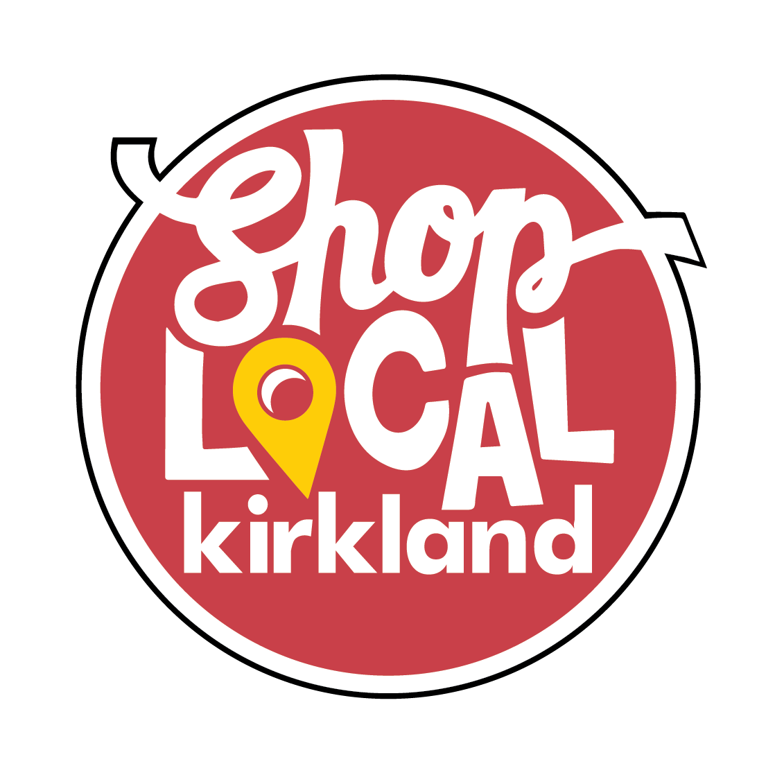 Round Shop Local Kirkland logo with red background and yellow pin