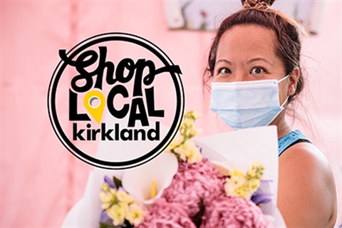 Asian woman in mask holding bouquet of flowers with Shop Local Kirkland logo
