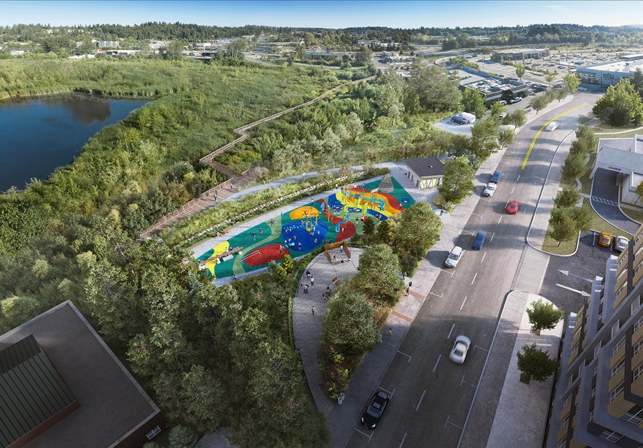 A rendering of the Totem Lake Park transformation shows a new playground, restrooms and a boardwalk.