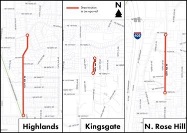 Map shows Kirkland's plans to repave sections of 112th, 124th and 125th avenues northeast.