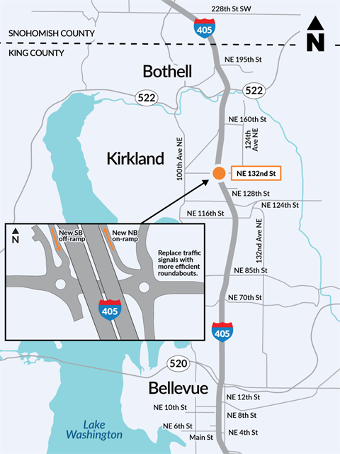Map showing interchange project location on I-405 at NE 132nd Street