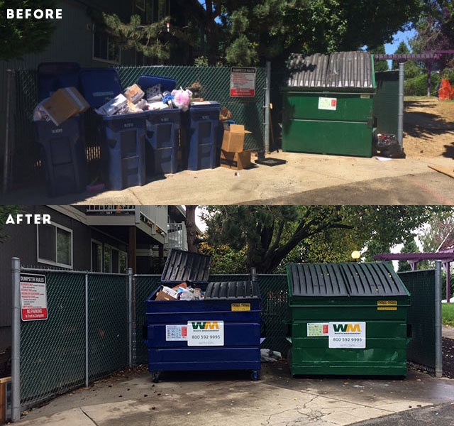 Before and after trash enclosure, showing a transition from overflowing recycle carts to a full dumpster