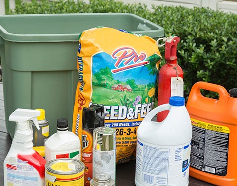 hazardous household materials, including fire extinguisher, bleach, pesticides, and auto products