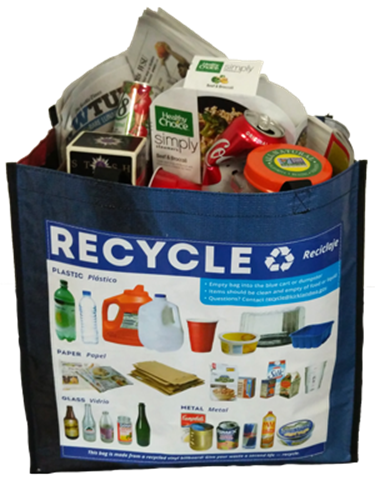 Durable, reusable recycling tote bag that helps residents store and transport materials to your property's recycling carts or dumpsters.