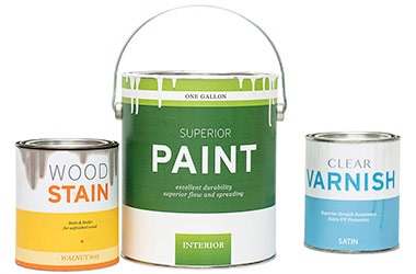three cans of paint, wood stain, and varnish