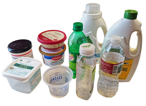 recyclable plastic bottles, jugs, and tubs for recycling