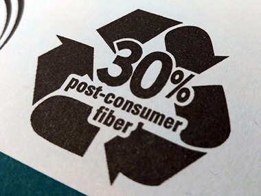 label indicating 30 percent post-consumer fiber on a ream of printer paper