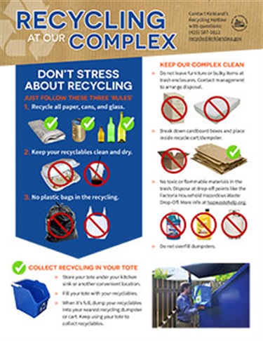 Resident flyer: Recycling at Our Complex / Reciclaje En Nuestro Complejo covers the basics of recycling - Spanish language on 2nd page