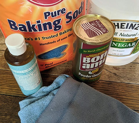 safer cleaning products include baking soda, vinegar, bon ami and castille soap