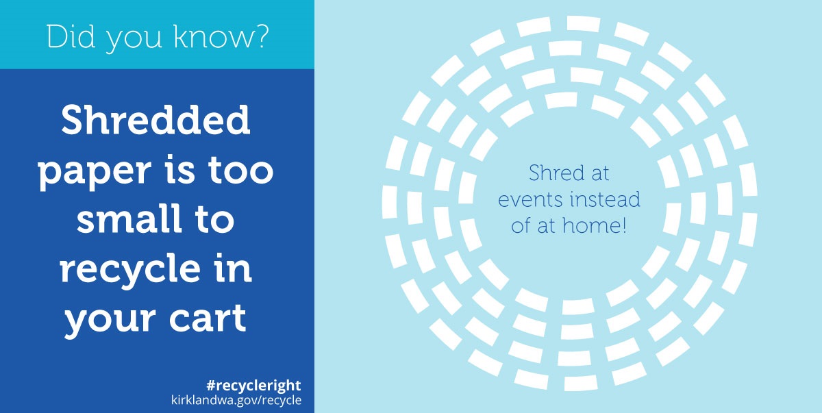 Did you know? Shredded paper is too small to recycle in your cart. Shred at events instead of at home!