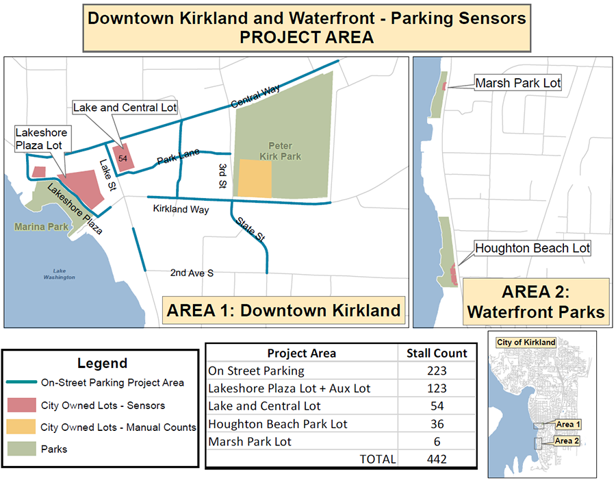 Map of locations of sensors for Kirkland downtown parking monitoring project