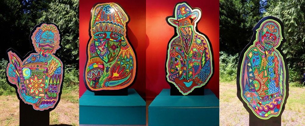 Colorful sculptures of people created by Mexican American artists