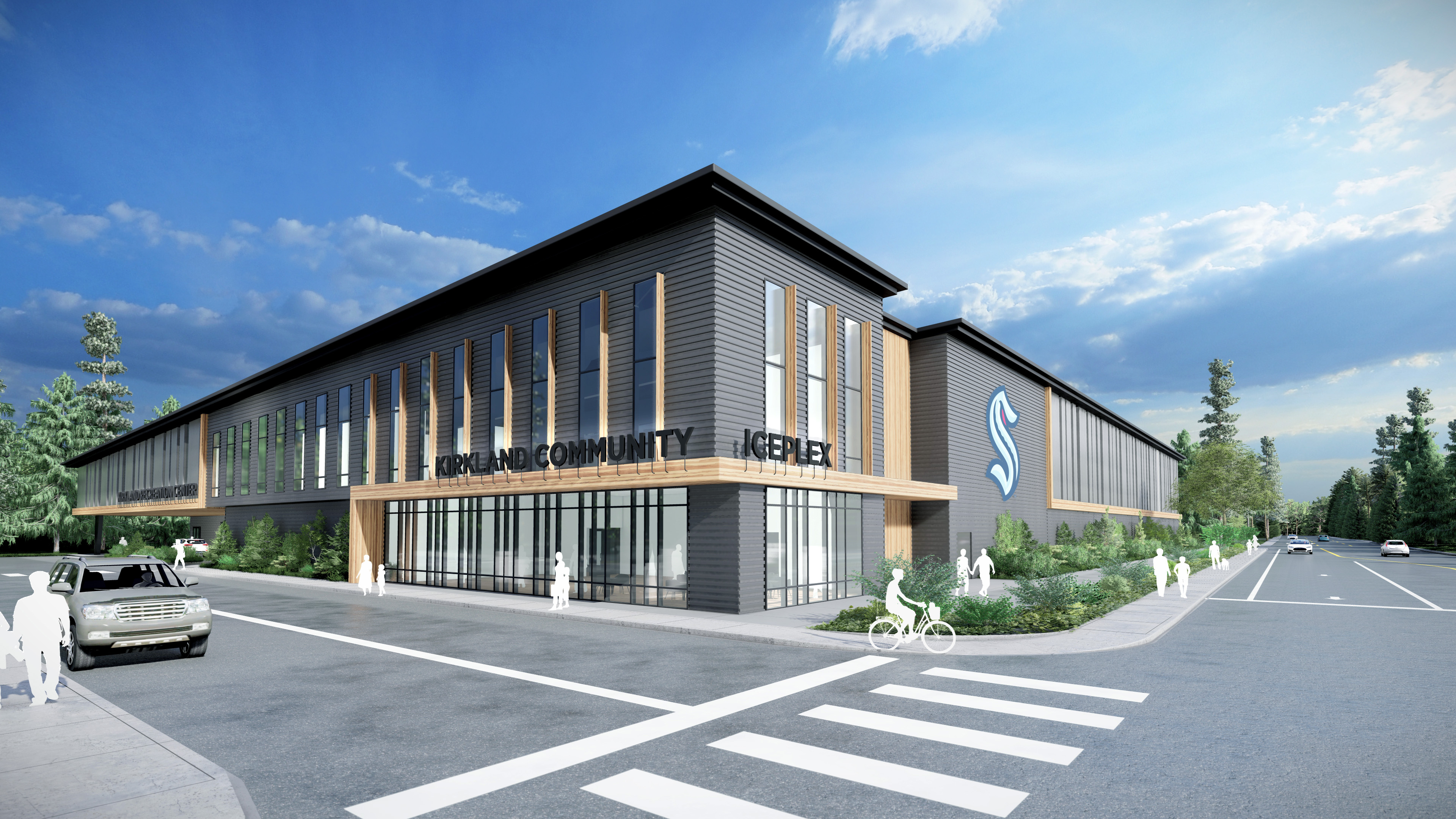 Rendering of building entrance to Ice Plex and Community Center.