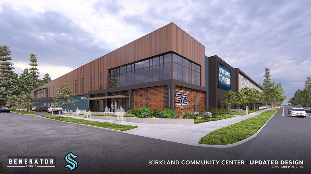 Rendering of the exterior of the future Kirkland Community Center iceplex.