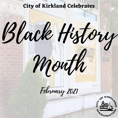 February is Black History Month Graphic with picture of Kirkland Arts Center murals in background