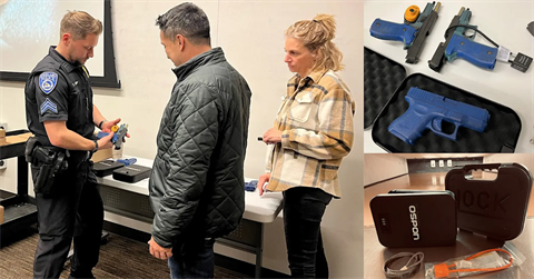 A montage of three photos depicting a police officer showing two other people how to safely hold a gun as well as gun locks