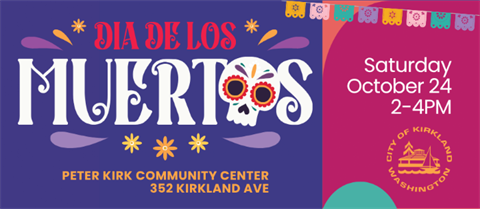 Dia de Los Muertos graphic with event name, details, skull, and decorations