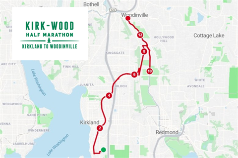 Map of the Kirk-Wood Half race course from Kirkland to Woodinville with the event's logo in the corner