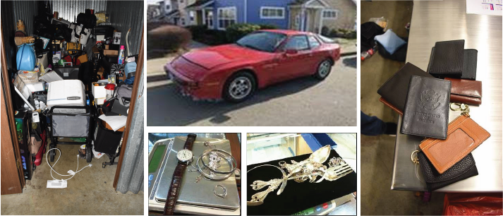 A mash up of police evidence pictures including red car, jewelry and wallets