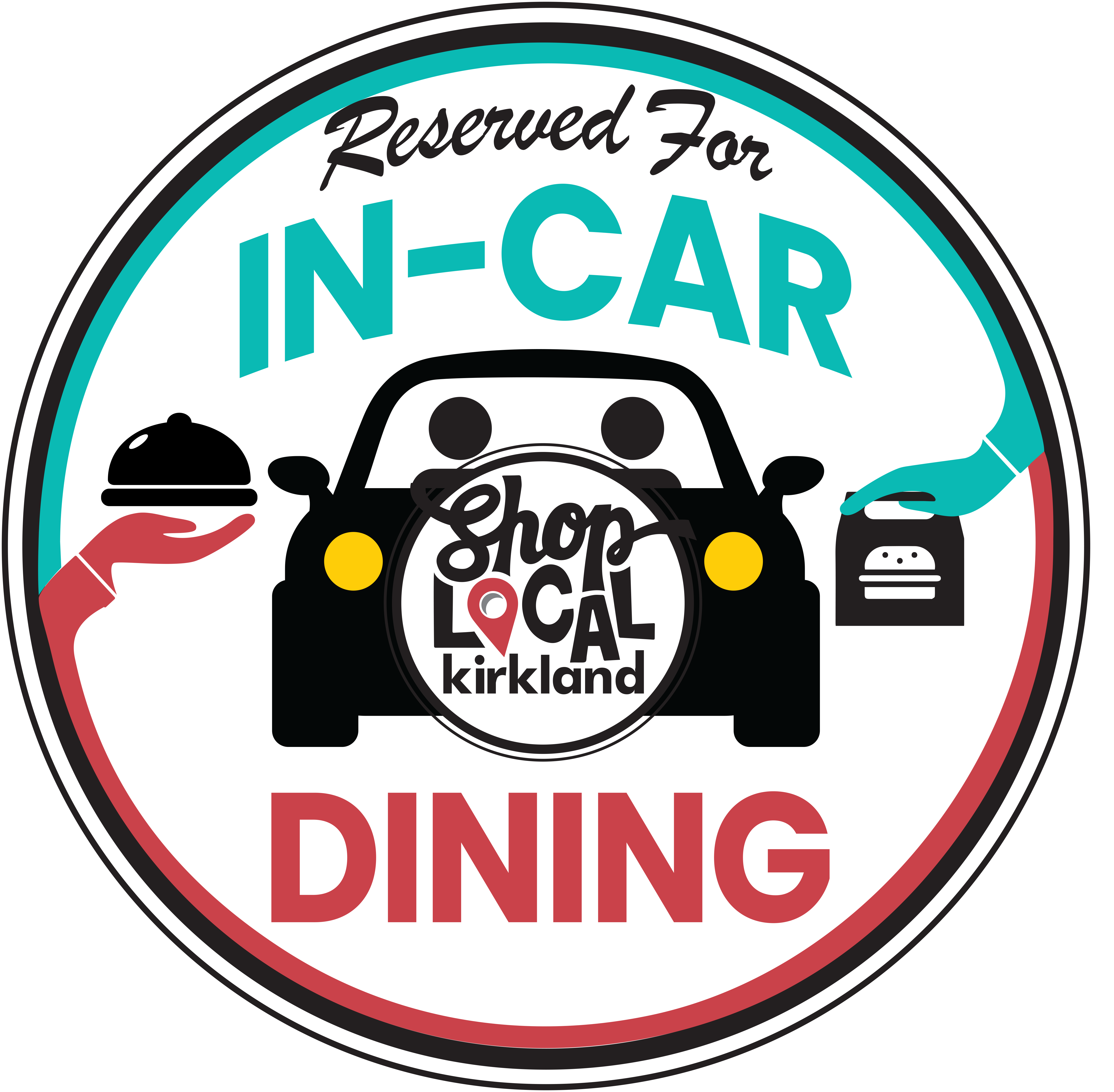 In car dining logo with cartoon car getting takeout and the words In-Car Dining