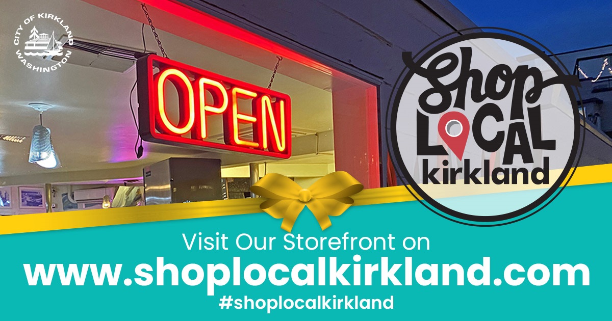 Shop Local Kirkland banner graphic with neon open sign Kirkland logo and turquoise background 