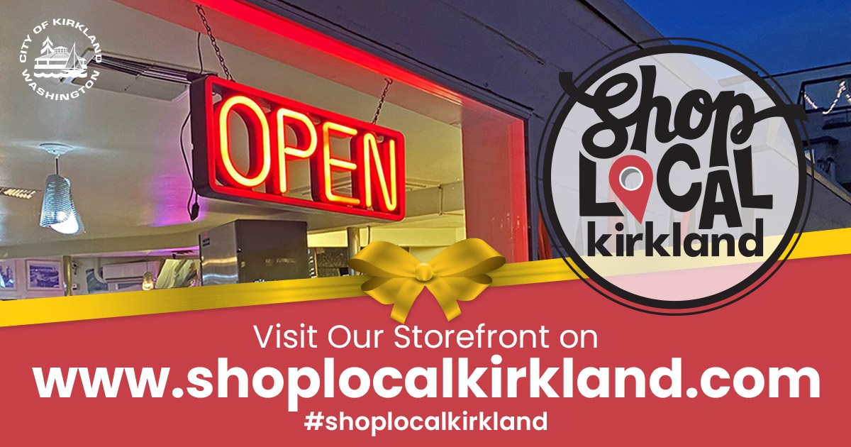 Shop Local Kirkland banner graphic with neon open sign Kirkland logo and red background 