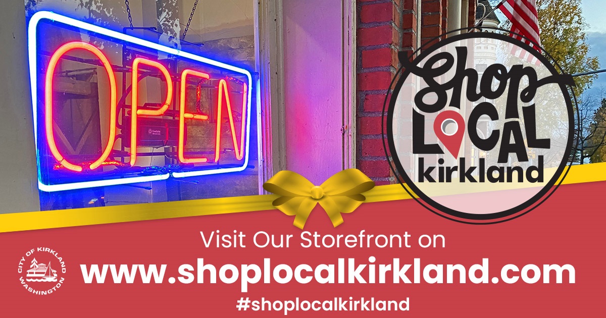 Shop Local Kirkland banner graphic with neon open sign Kirkland logo and red background 