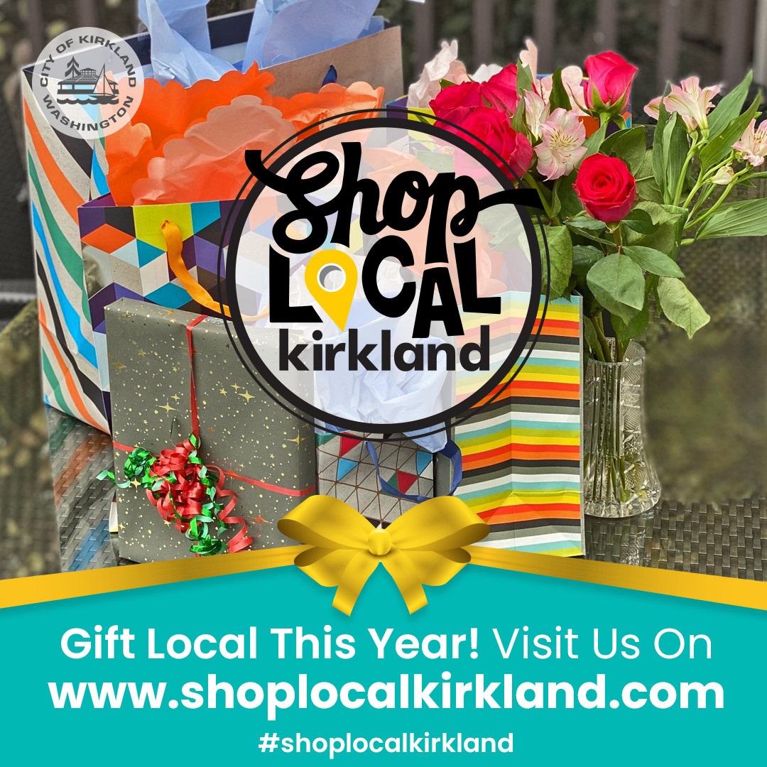 Shop Local Kirkland FB ad with shopping bags, City logo and turquoise background with gold ribbon
