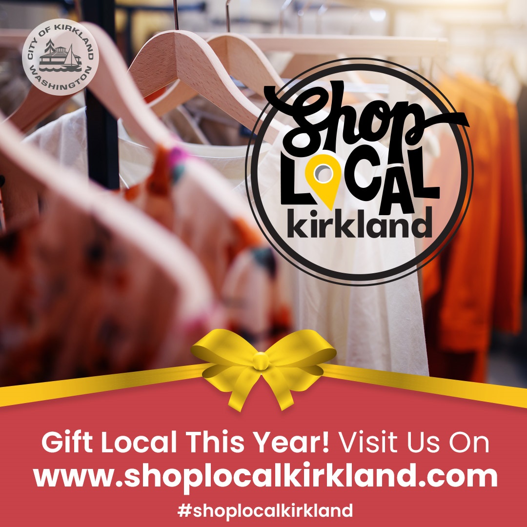 Square Shop Local Kirkland Facebook ad clothes on hangers, red background and yellow ribbon
