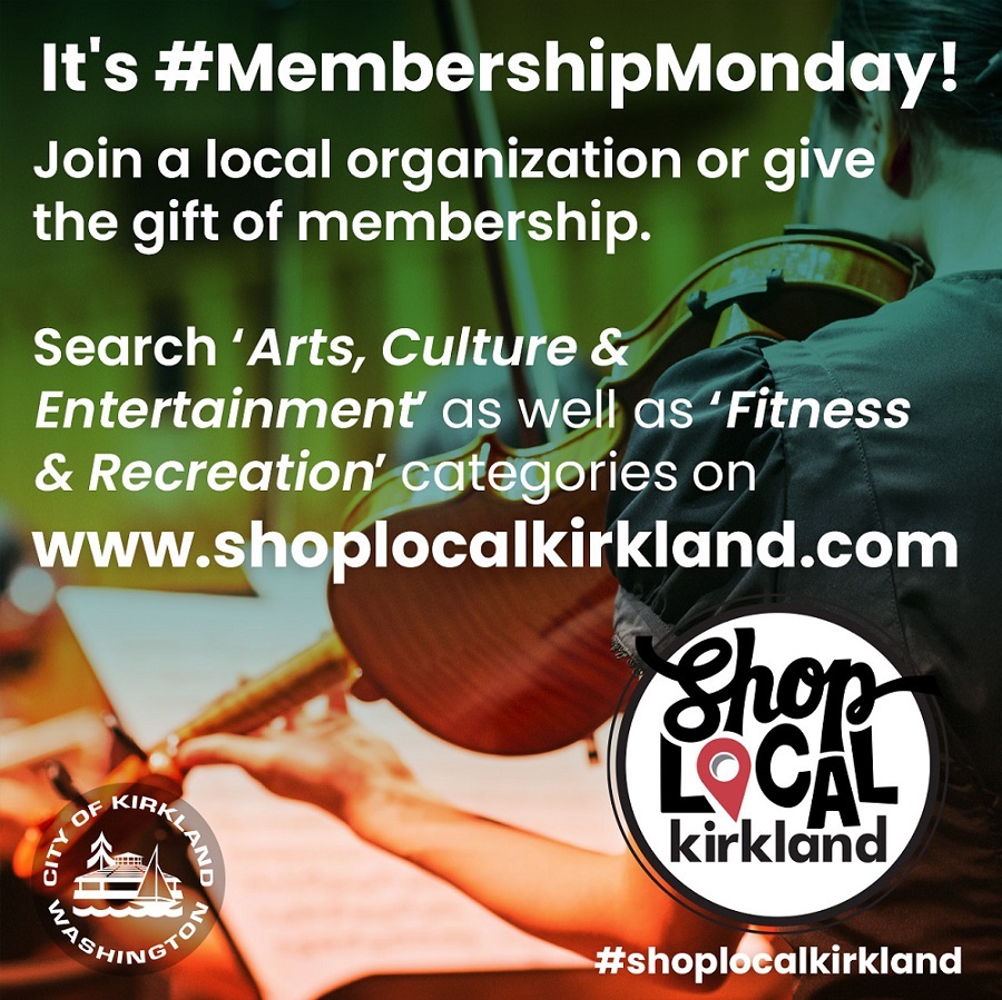 Square Shop Local Kirkland ad for Facebook with membership Monday plus city logo