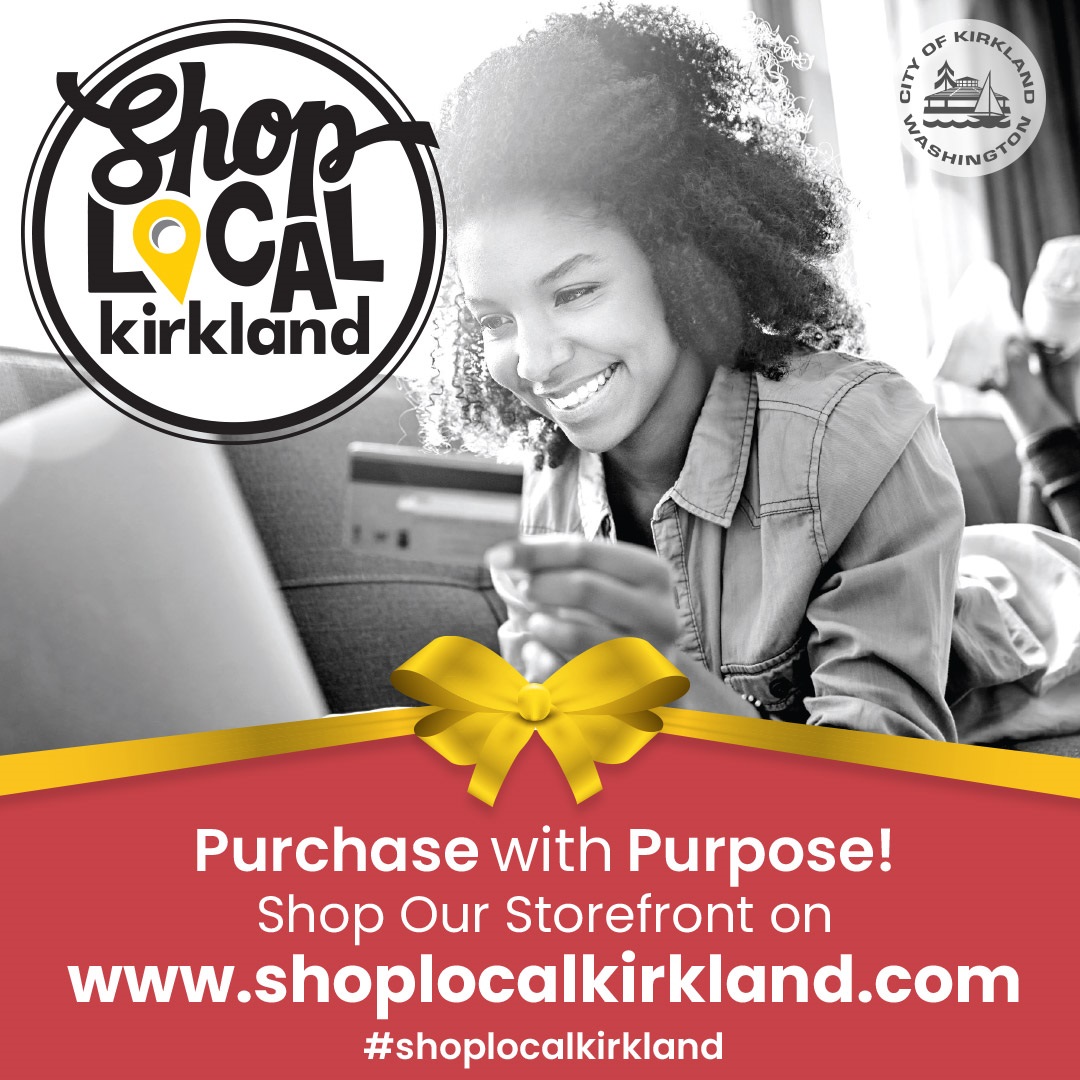 Square Shop Local Kirkland Facebook ad with girl holding credit card at laptop, red background and yellow ribbon