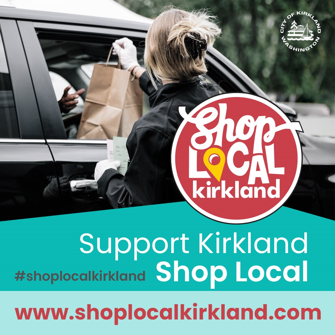 Shop Local Kirkland FB ad with girl handing bag to car, City logo and turquoise background 