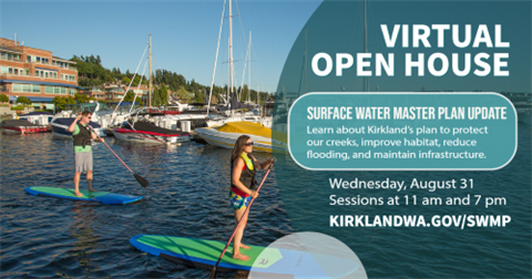 people paddleboarding with text: virtual open house surface water master plan update Aug 31