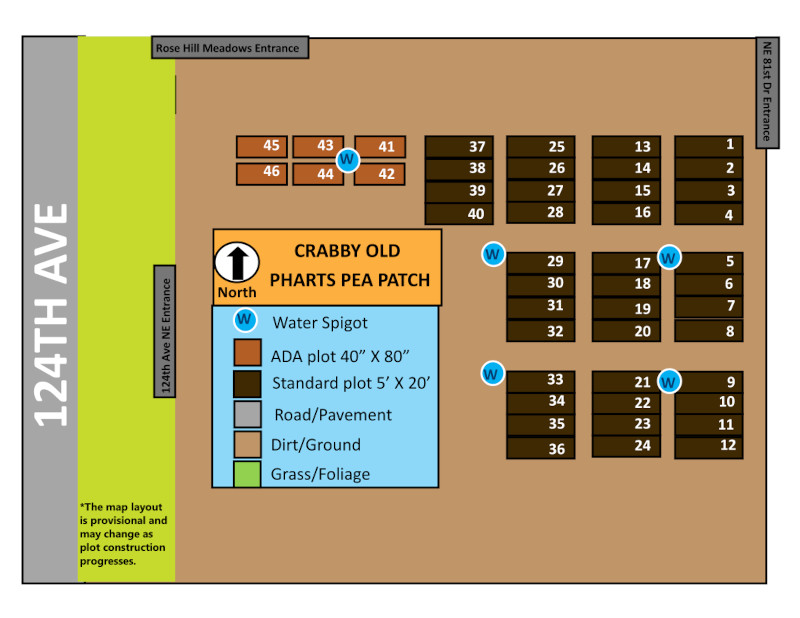 Graphical map showing individual plots at the Crabby Old Pharts Pea Patch at Rose Hill Meadows