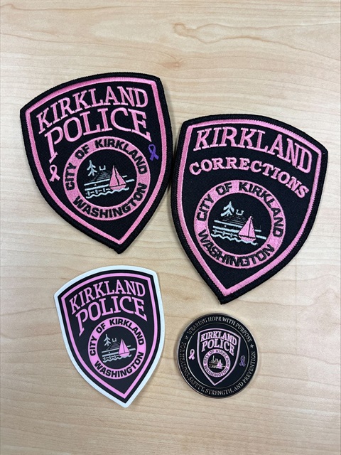 Police pink patches, sticker, and coin