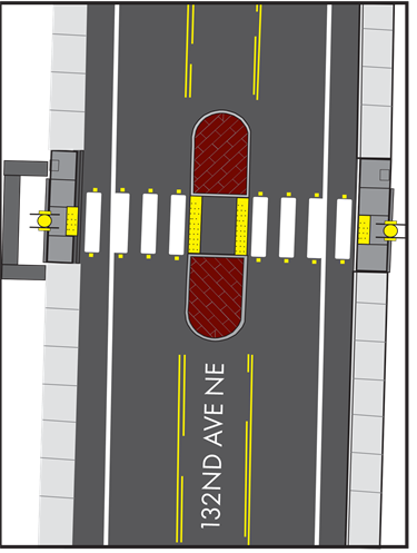 Rendering shows plan for crosswalk and Rectangular Rapid Flashing Beacons at 132nd Avenue Northeast north of Northeast 129th Place..