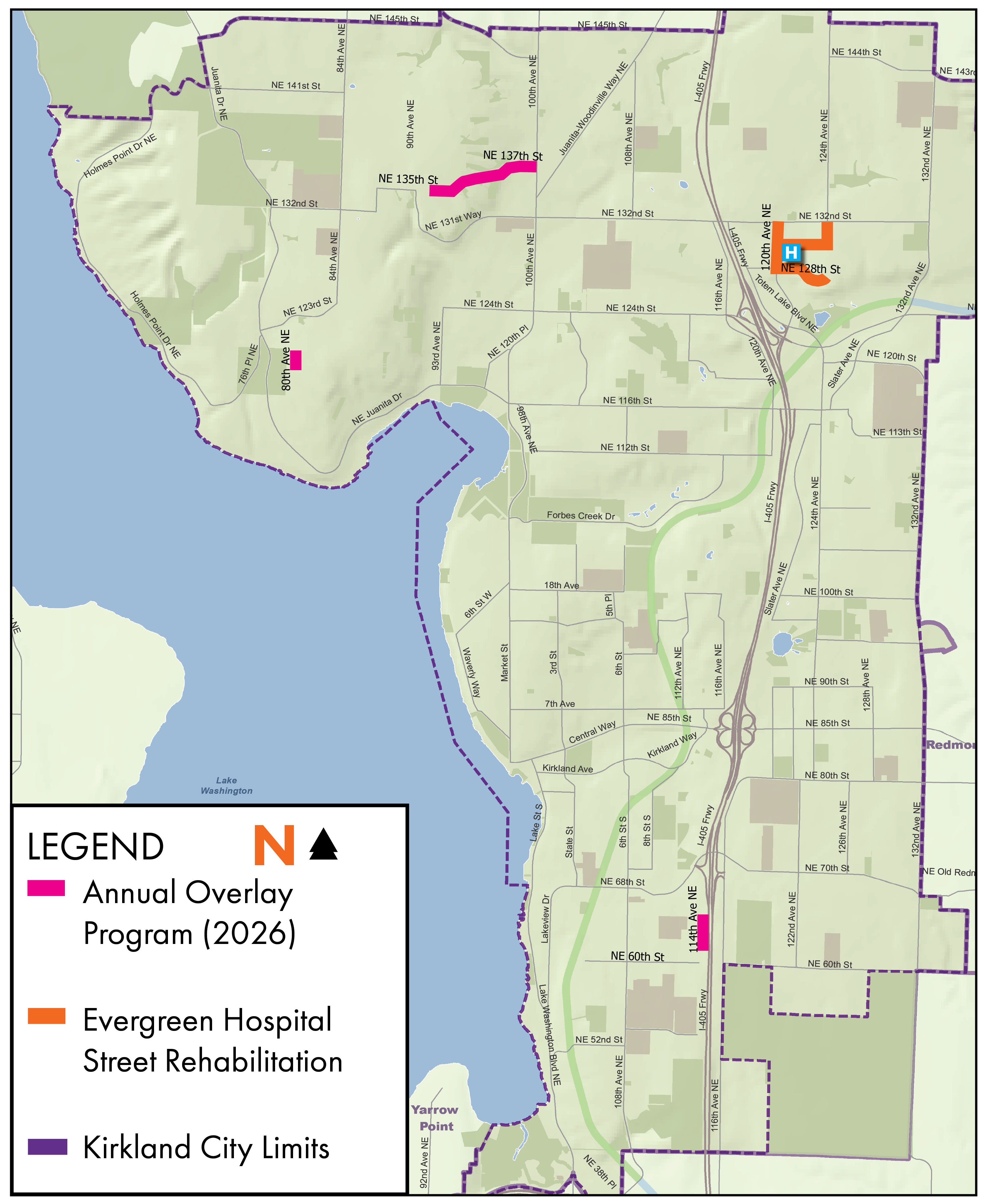 Map showing streets on the 2026 overlay project including the streets around Evergreen Hospital