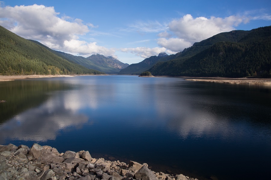 Large mountain lake surrounded by steep forest. Tolt Reservoir, photo credit Seattle Public Utilities.