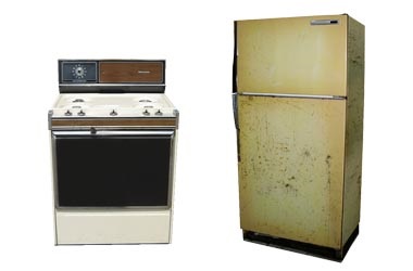 old stove and fridge on white bg