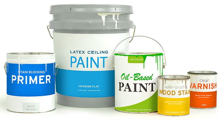 primer, latex paint, oil-based paint, wood stain, and clear varnish - graphic from PaintCare
