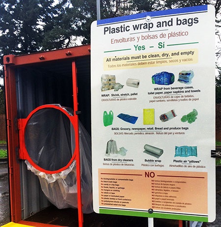 dumpster for recycling plastic wrap and bags at Shoreline Transfer Station, showing collection bag and sign